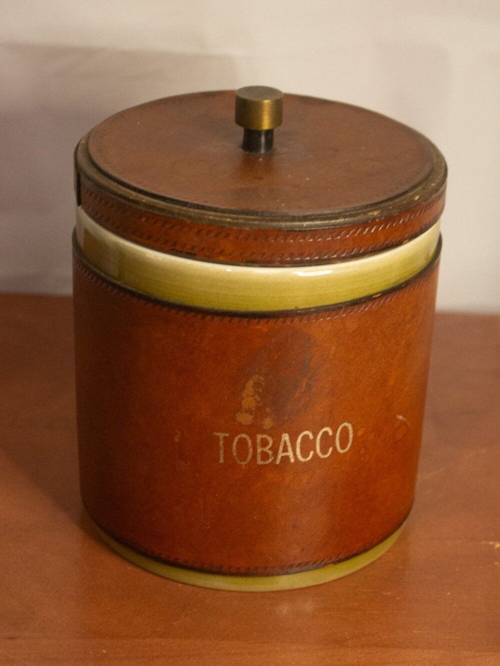 Vintage Leather‑Wrapped Ceramic Tobacco Jar – Wood Lid – Mid‑Century Humidor